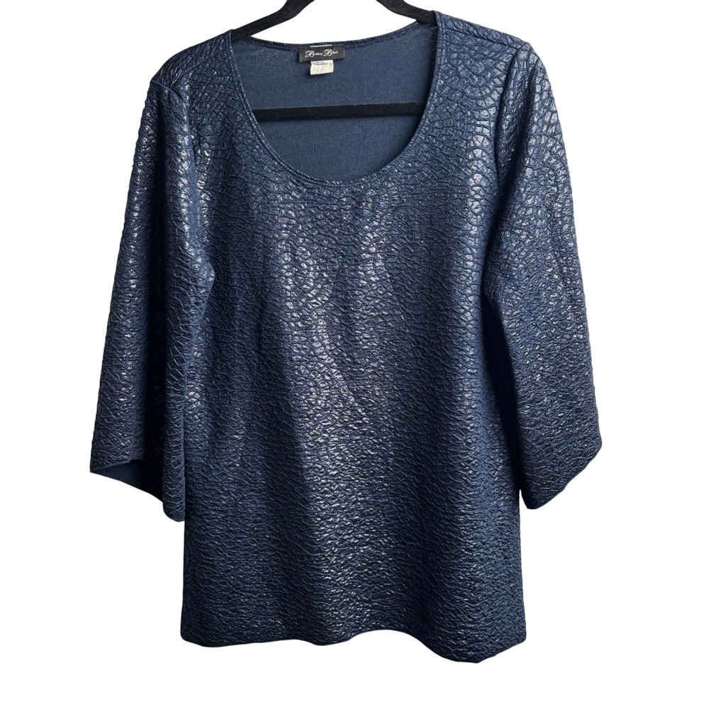 Brittany Black Navy Blue Metallic Textured 3/4 Sleeve Tunic Top M Office Blouse